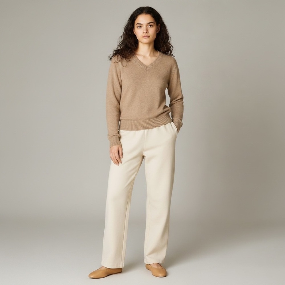 Cuyana | V-Neck Sweater Large Camel Tan Virgin Wool Cashmere Blend Quiet Luxury